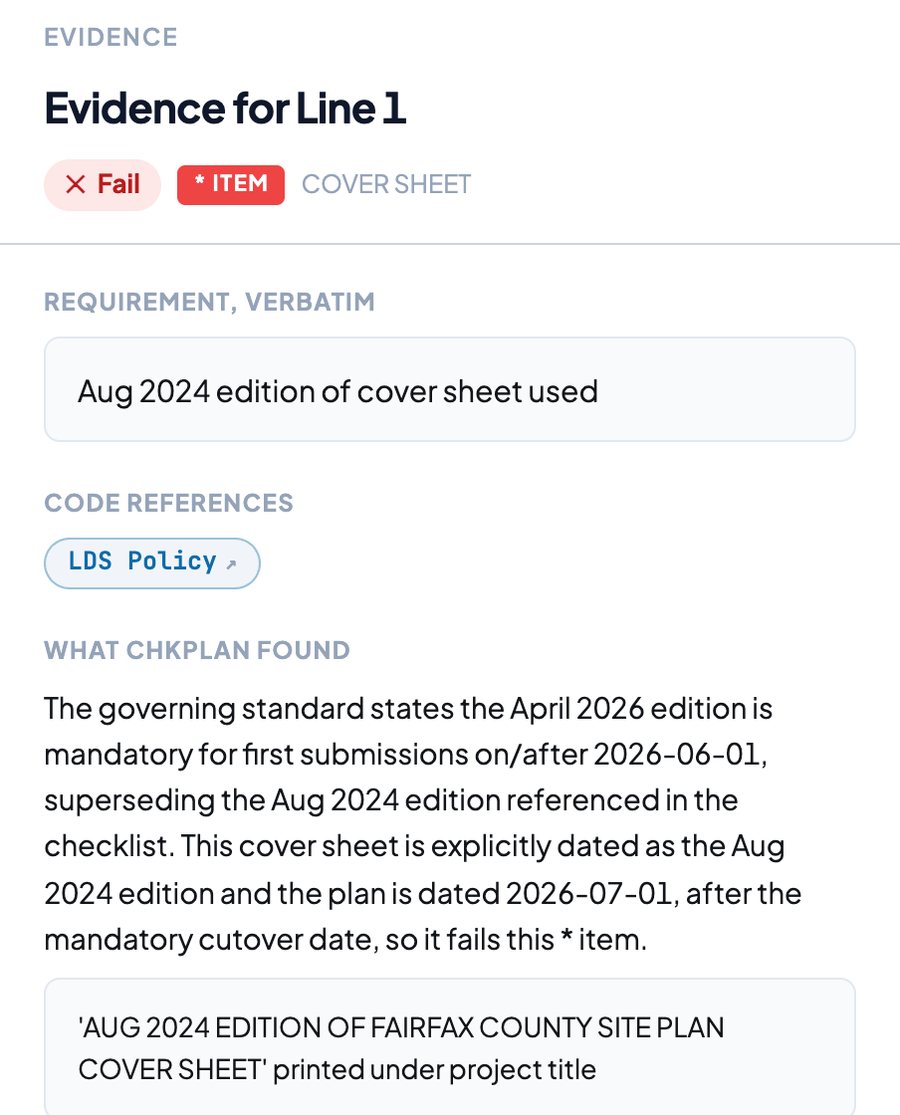 ChkPlan evidence panel: Fail on line 1, the requirement verbatim, what was found, and how to fix it