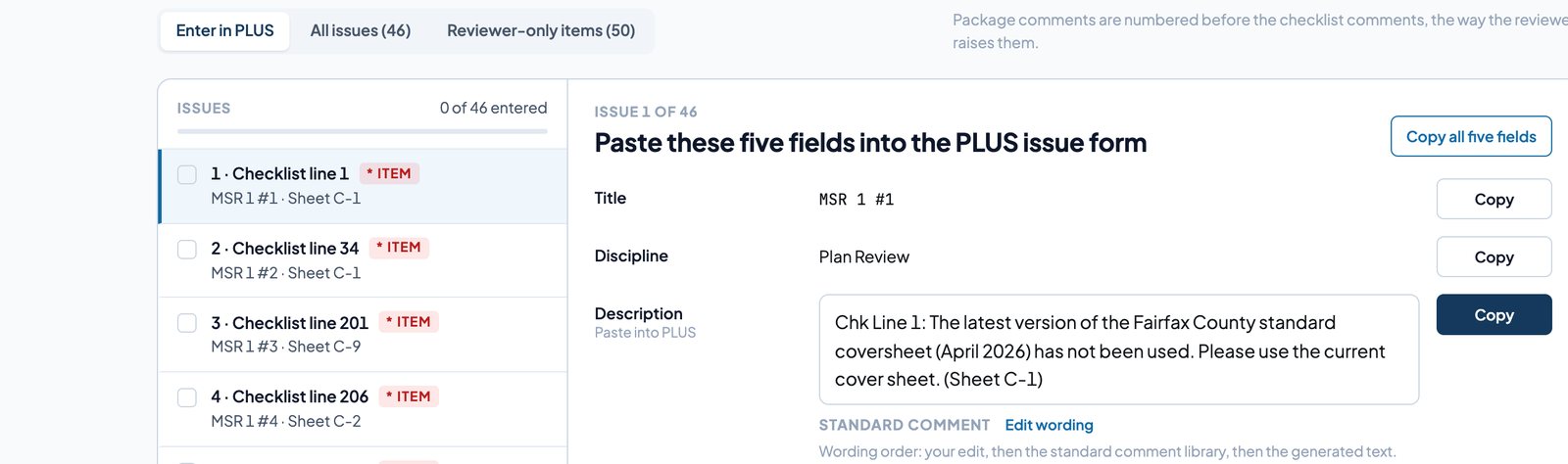 ChkPlan comment letter screen: issues list and the five PLUS fields for one issue with Copy buttons