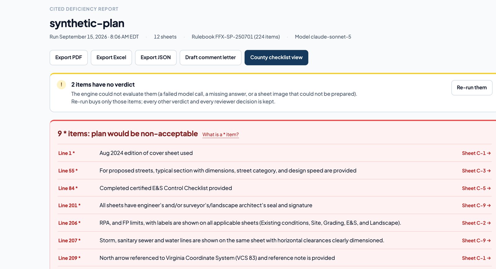 ChkPlan report: starred items listed with checklist line, requirement and sheet